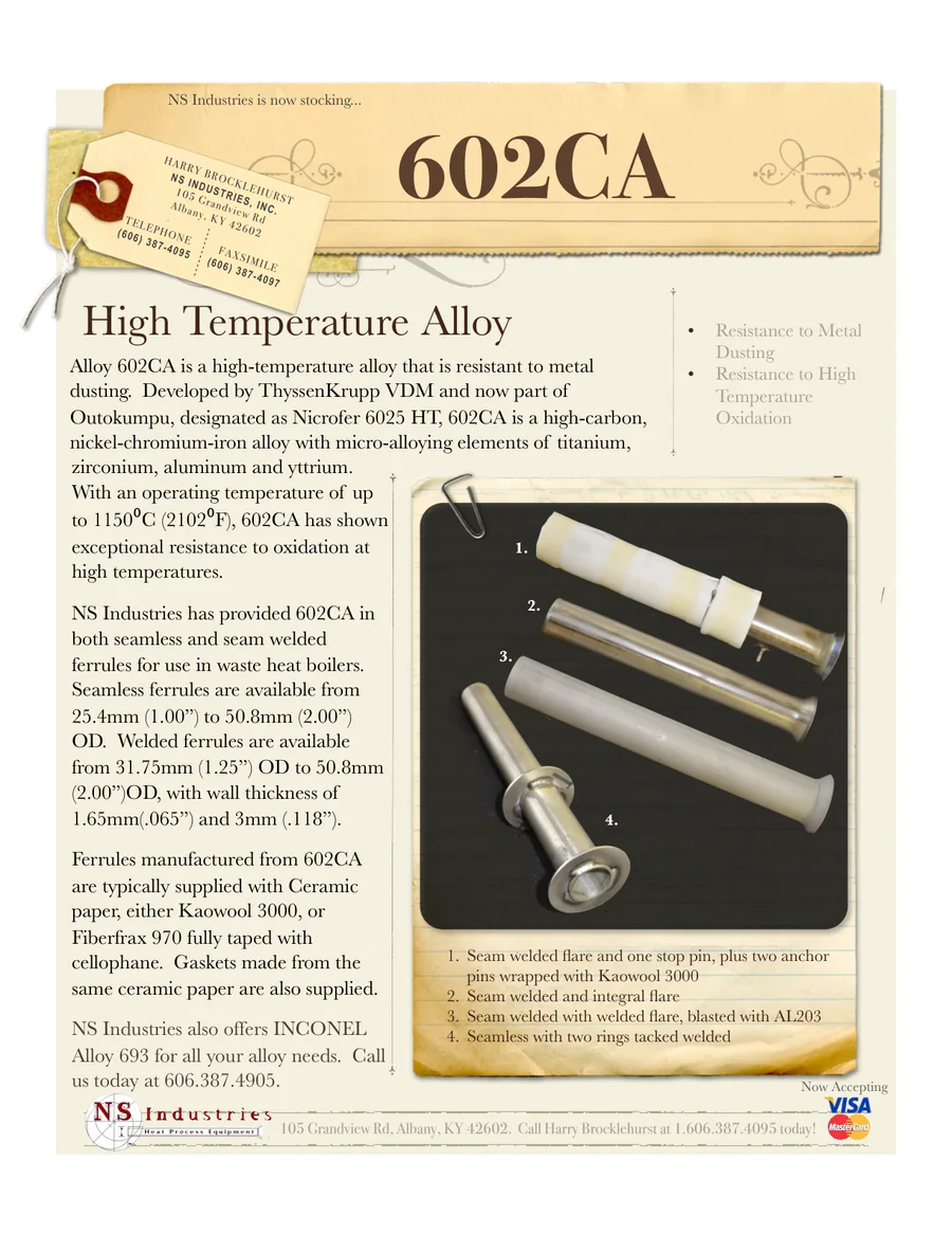 602CA High Temperature Alloy spec sheet — NS Industries 602CA alloy ferrules for high temperature corrosion resistance.
