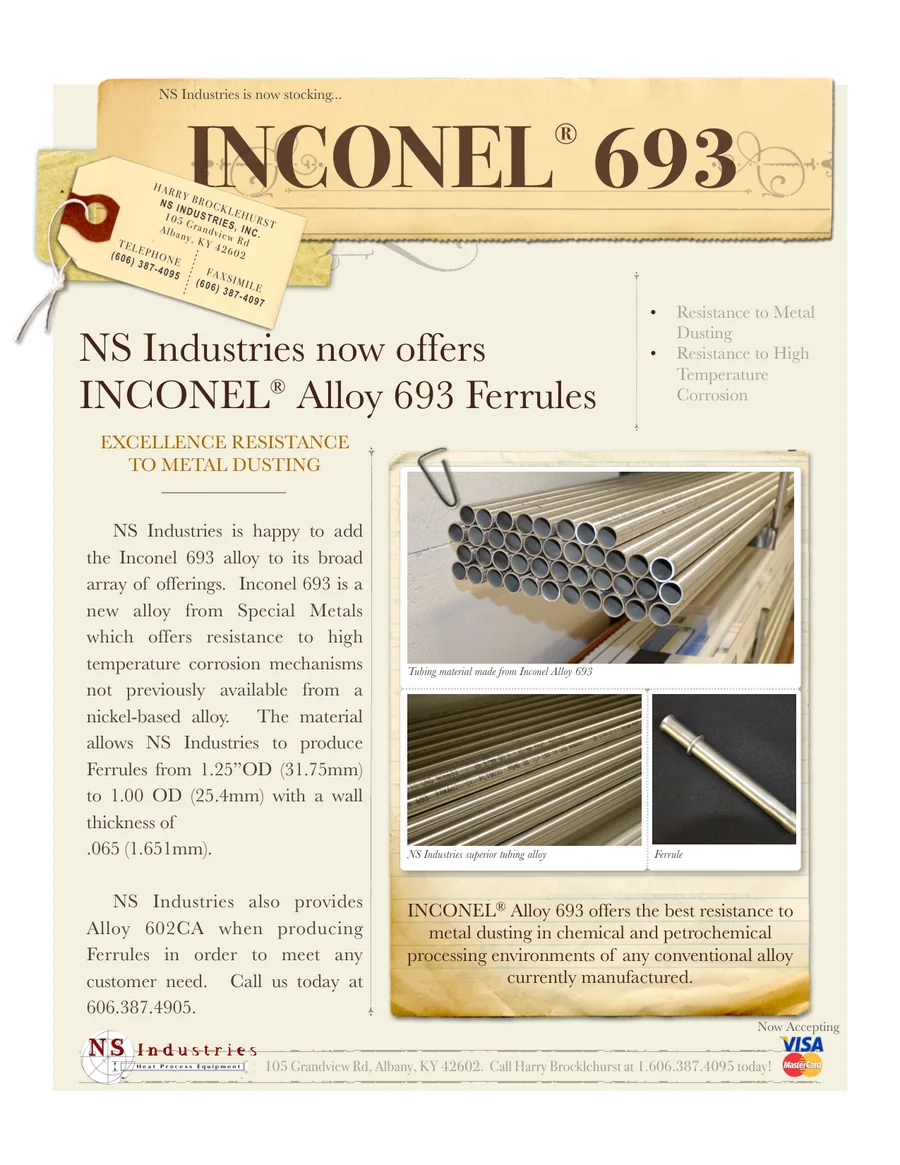 Inconel Alloy 693 Ferrules spec sheet — NS Industries ferrules in Inconel alloy 693 for resistance to metal dusting and high temperature corrosion.