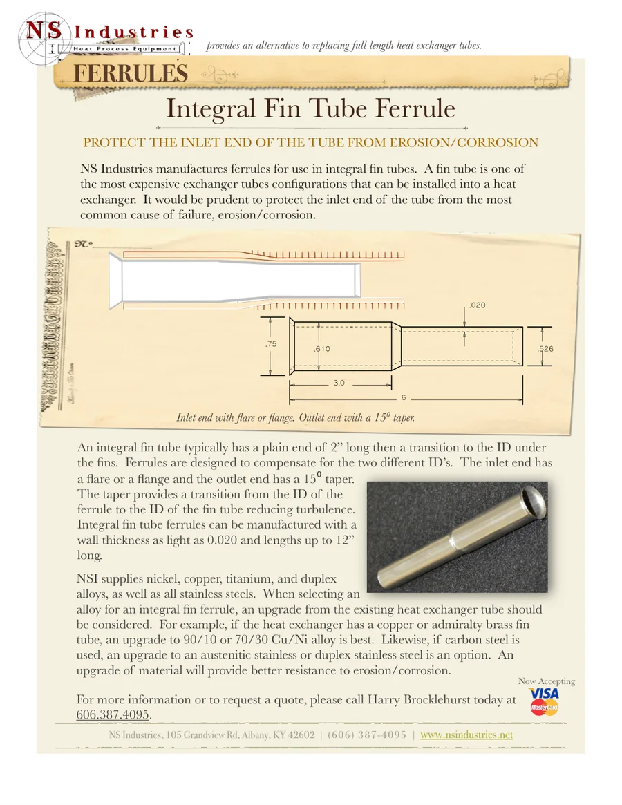 Integral Fin Tube Ferrule spec sheet — NS Industries integral fin tube ferrules that protect the inlet end of the tube from erosion and corrosion.