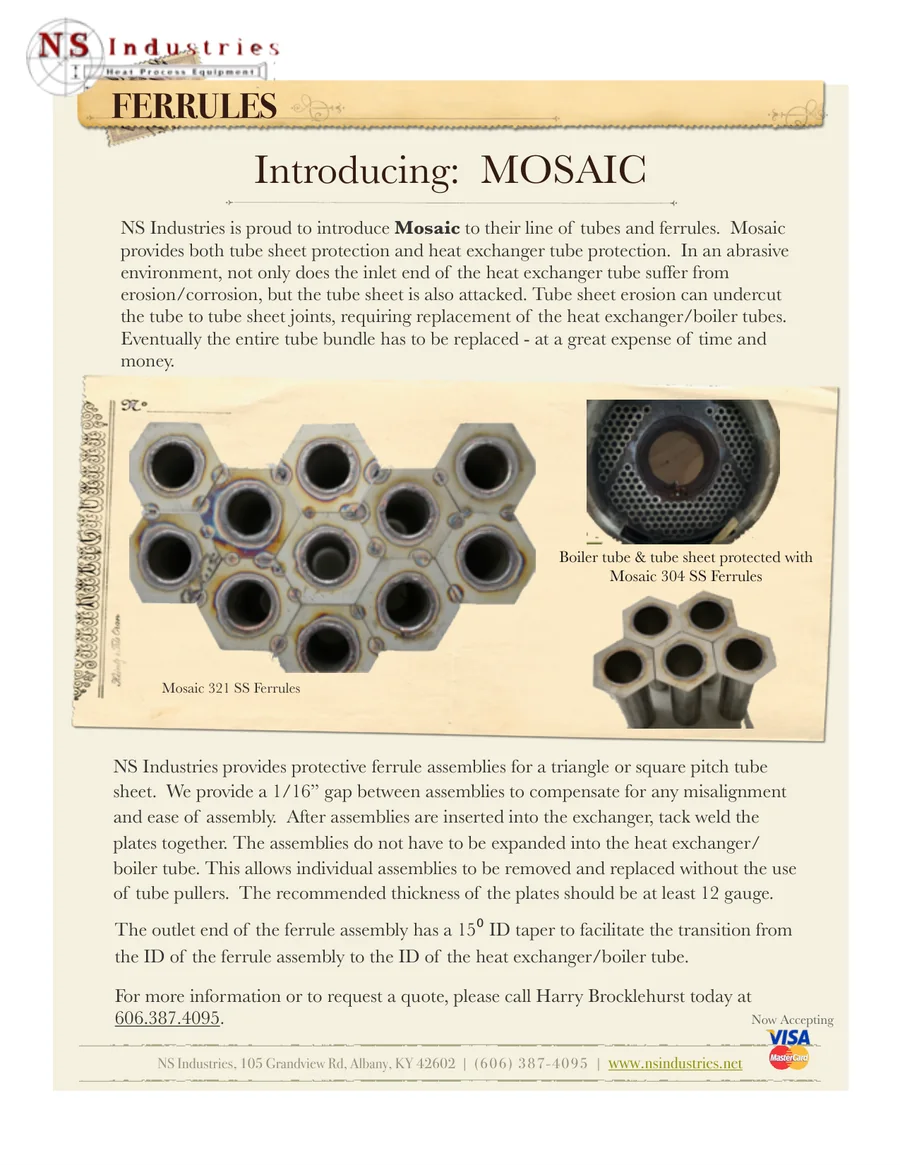 Mosaic spec sheet — NS Industries Mosaic ferrule assembly with a 15 degree ID taper at the outlet end.