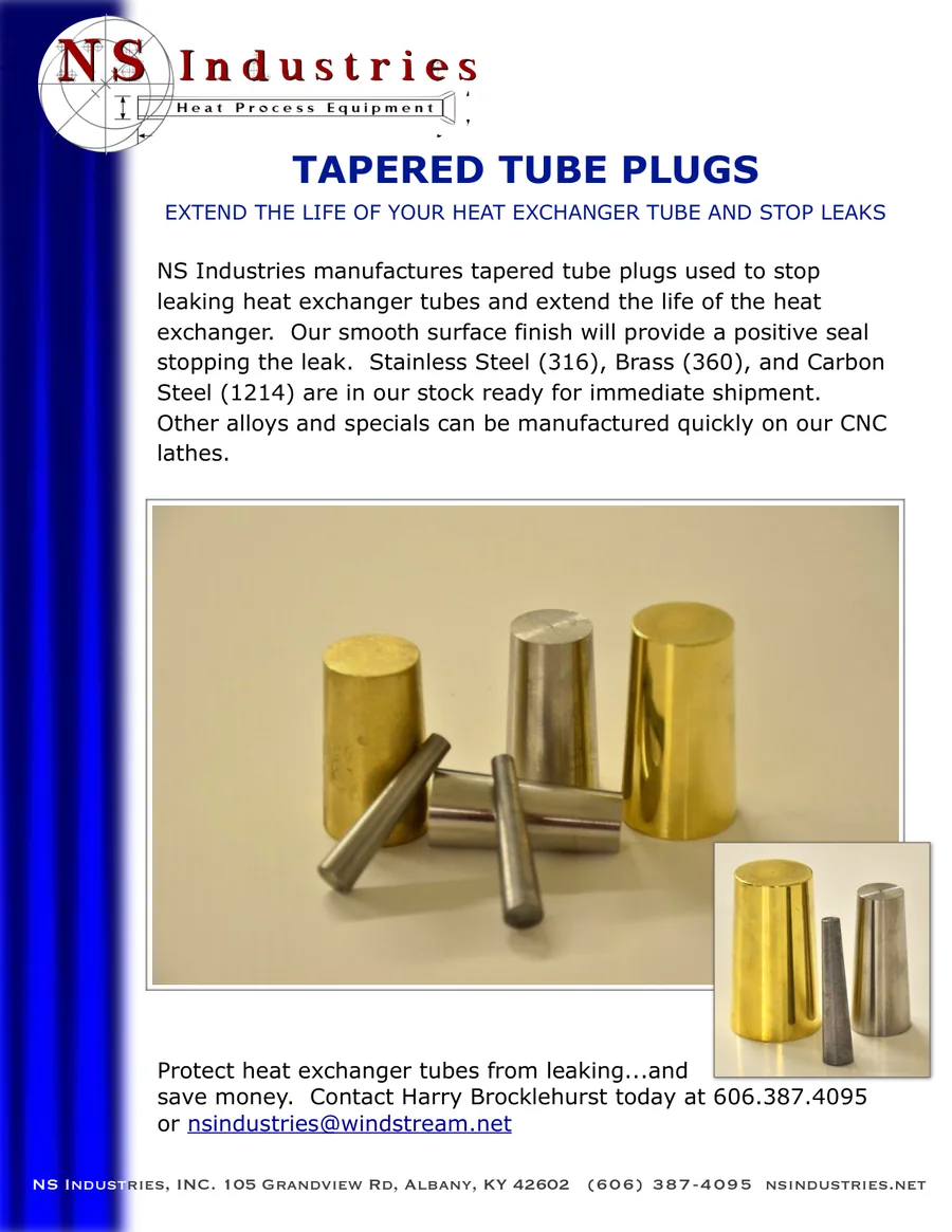 Tapered Tube Plugs spec sheet, page 1 — NS Industries tapered tube plugs used to stop leaking heat exchanger tubes.